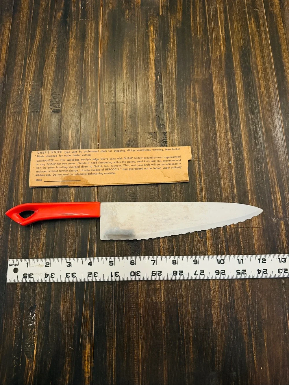 Vintage Quikut Quikedge Chef Knife 8” Blade Red Handle w/ Original Sleeve USA